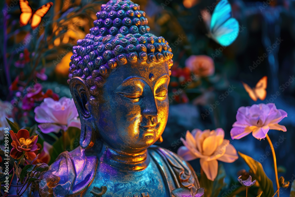 a big glowing golden buddha face with glowing nature green background, multicolor flowers, birds, butterflies