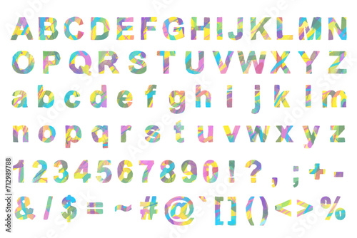 ペイントされたカラフルなアルファベットと数字、記号などのアイコン