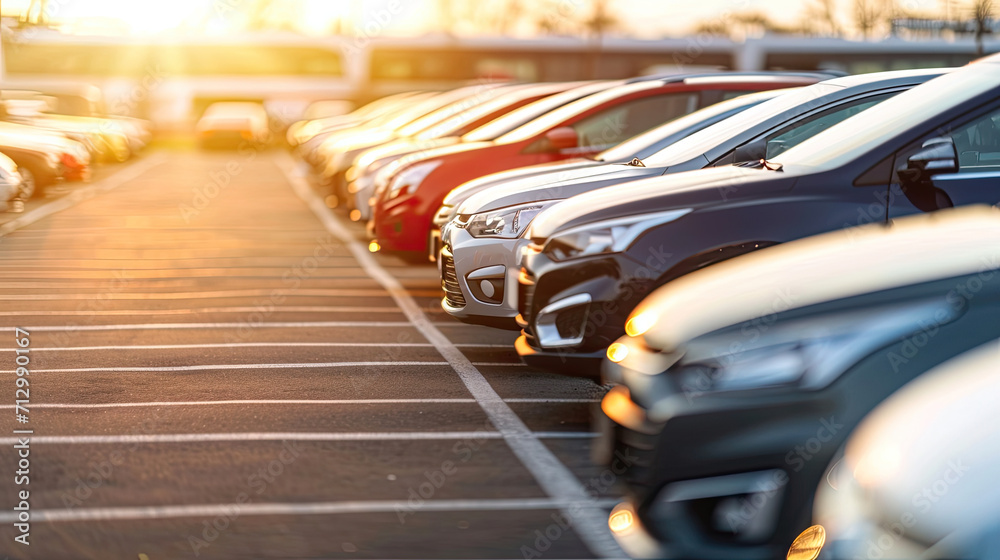 Car parked at outdoor parking lot. Used car for sale and rental service. Car insurance background. Automobile parking area. Car dealership and dealer agent concept. Automotive industry