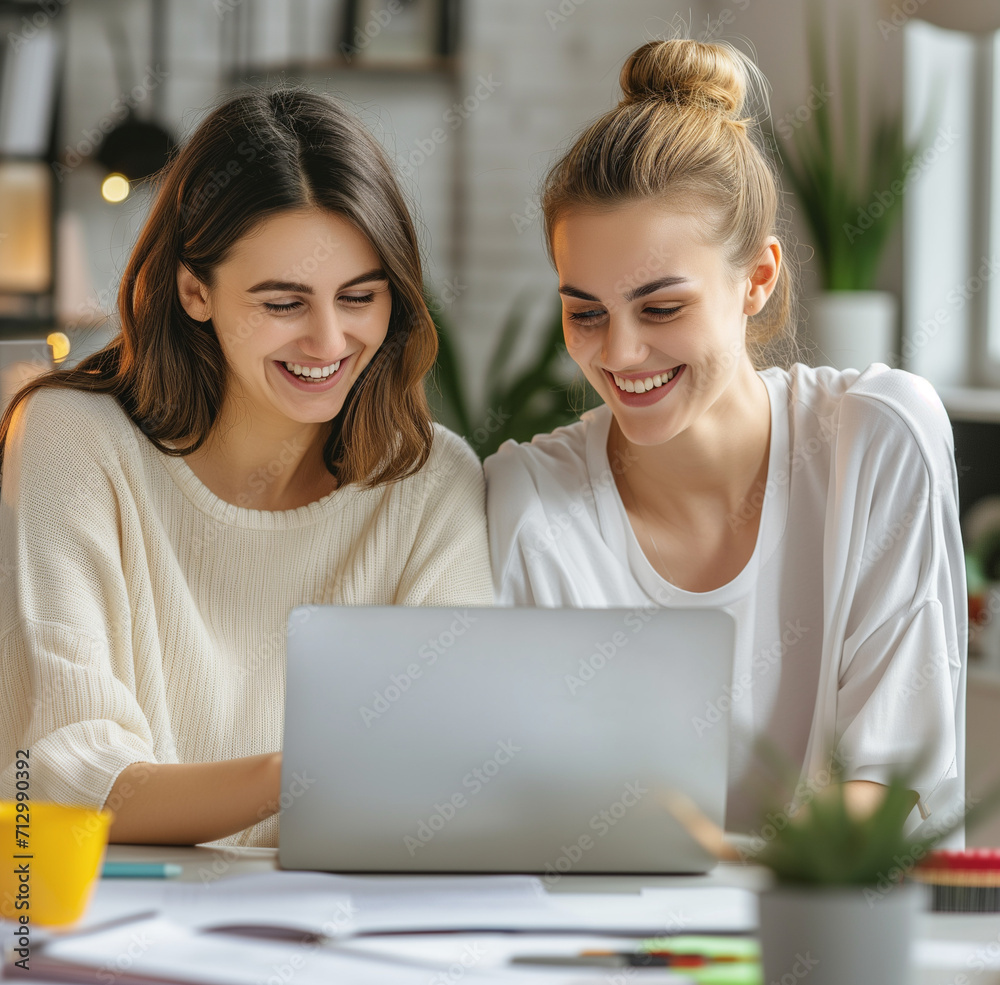two woman smiling working collaboratively on laptop computer, in the style of innovative page design, precisionist lines, representational, office background two woman smiling working collaboratively on laptop computer, in the style of innovative page design, precisionist lines, representational, office background