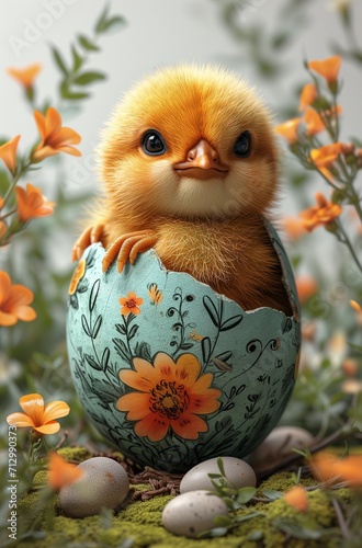 Decorative Easter egg with a little yellow chicken sitting inside it