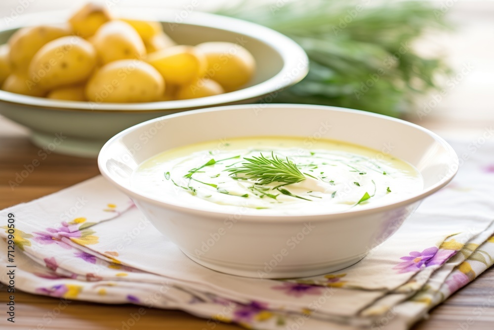 bowl of potato leek soup garnished with fresh chives and cream swirls