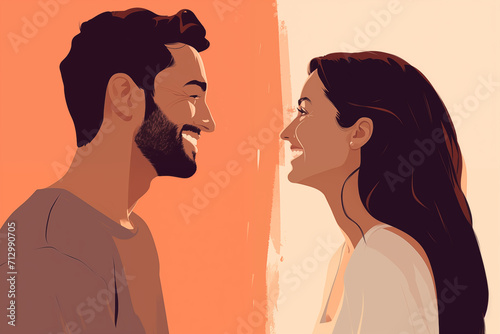 An illustration of a couple, a Man and a woman looking at each other smile and falling in love