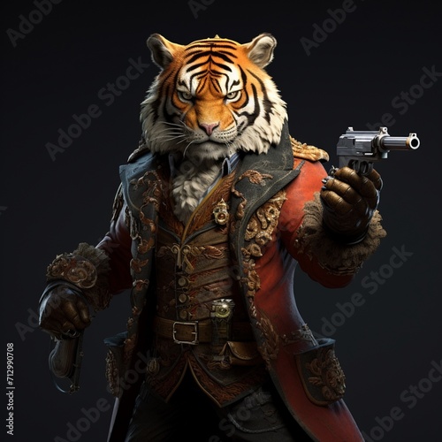 Anthropomorphic tiger holding a gun photorealistic AI Generated pictures