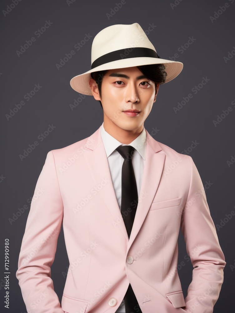 Asian man wearing suit and fedora hat isolated on plain background Asian man wearing suit and fedora hat isolated on plain background