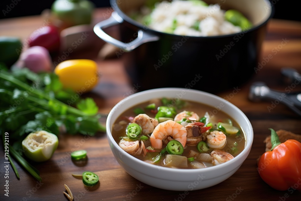 seafood gumbo preparation with chopped veggies on board seafood gumbo preparation with chopped veggies on board