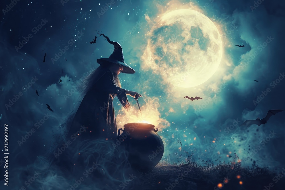 Naklejka premium A witch stirring a cauldron with a full moon and bats in the night sky Halloween witch with potion and cauldron