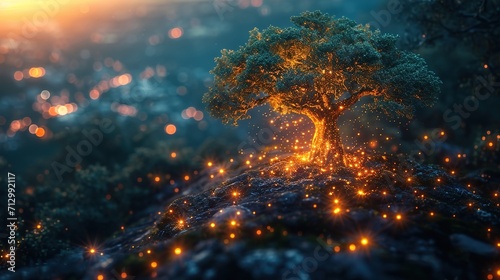 Planet Earth tree viewed from space with city lights in earth  with  Blurred and Glowing Background  © A-Himu