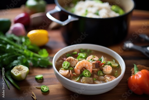 seafood gumbo preparation with chopped veggies on board photo