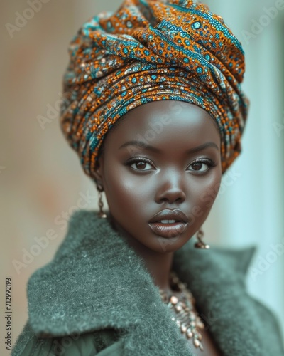 Elegant African American Woman in Impressive Turban in Portrait