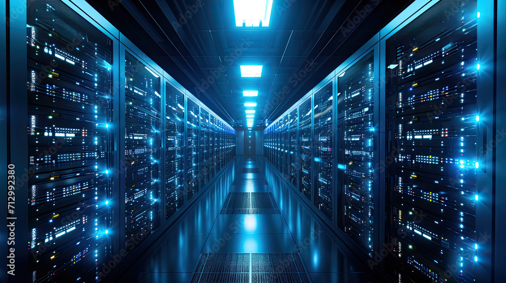 Modern Data Technology Center Server Racks in Dark Room with VFX. Visualization Concept of Internet of Things, Data Flow, Digitalization of Internet Traffic. Generative AI Modern Data Technology Center Server Racks in Dark Room with VFX. Visualization Concept of Internet of Things, Data Flow, Digitalization of Internet Traffic. Generative AI