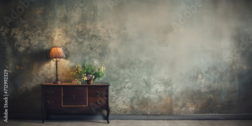 Grunge interior with vintage wallpaper in photo studio. photo