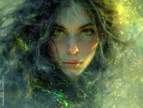 Mystical Woman with Cosmic Green Eyes 