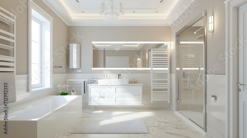 Spacious new bathroom features white mirror and lighting