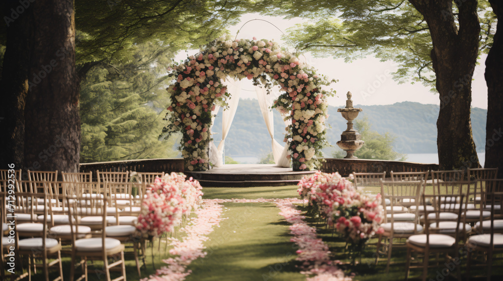 Wedding venue in park with flower-filled arch