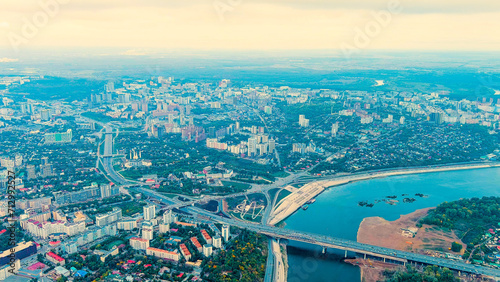 Ufa, Russia. Panorama of the central part of the city of Ufa. Time after sunset, Aerial View