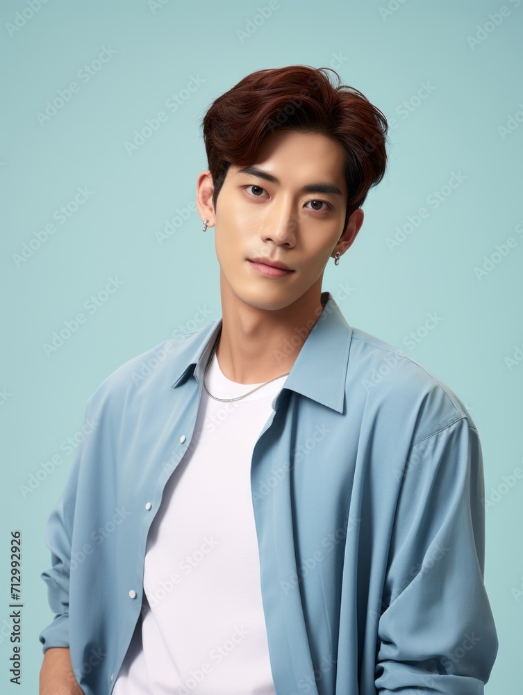 Portrait of Asian man posing in white t-shirt and long shirt isolated on plain background