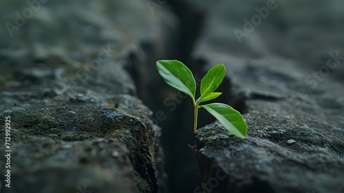 Plant sprouted in stone crack, vitality, survivability, resilience, rebirth and new life concept 