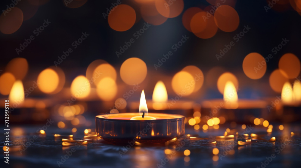 Softly lit tealight candles provide a warm, intimate atmosphere, complemented by a gentle bokeh effect in the background. - obrazy, fototapety, plakaty 