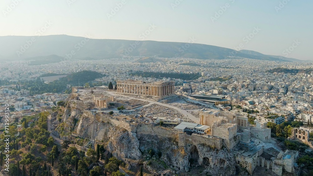 Athens, Greece. Acropolis of Athens in the light of the morning sun. Summer, Aerial View