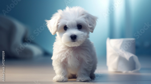 An innocent white puppy looks curiously at the camera, sitting beside an unraveled roll of toilet paper, suggesting playful mischief.