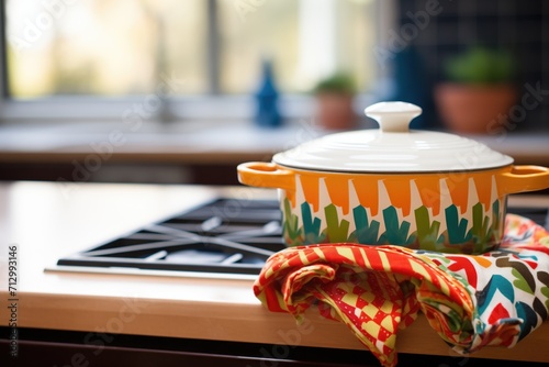 earthenware casserole dish on an oven mitt photo