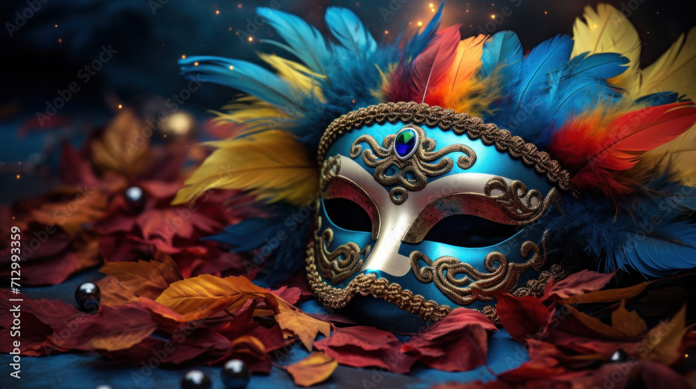 An ornate Venetian mask adorned with vibrant feathers and surrounded by autumn leaves, evoking a festive mood.