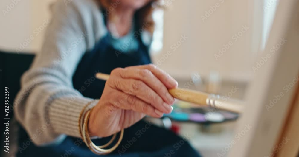 Old person, hand and painting canvas for creative retirement for art in home for expression, holiday or easel. Fingers, brush and palette or senior retire project, color inspiration or stress relief