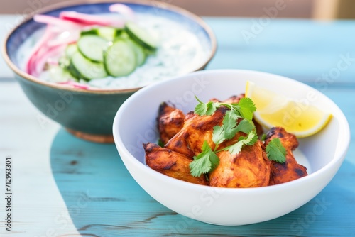 tandoori chicken served beside cucumber raita in a bowl