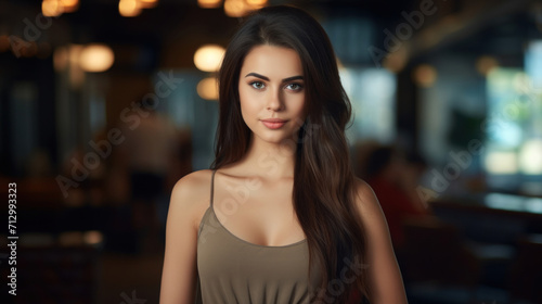 Portrait of a beautiful young woman with long hair in a casual dress, with a restaurant ambiance in the background.
