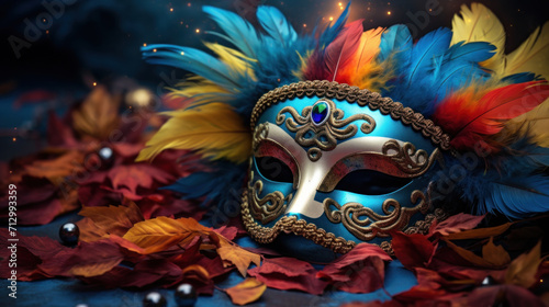 An ornate Venetian mask adorned with vibrant feathers and surrounded by autumn leaves, evoking a festive mood.