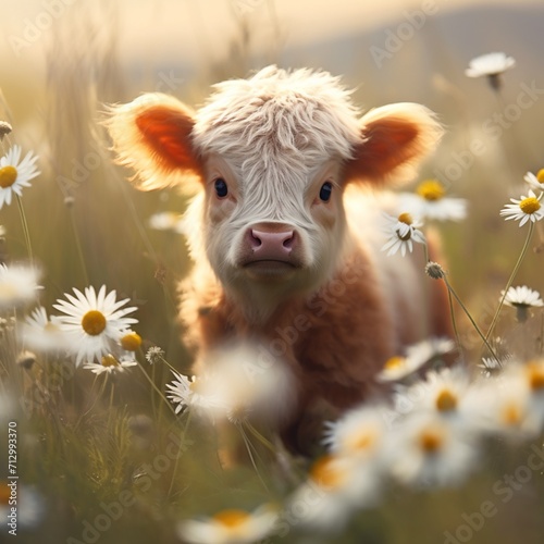 Baby mini cow highland cow field daisy AI Generated pictures