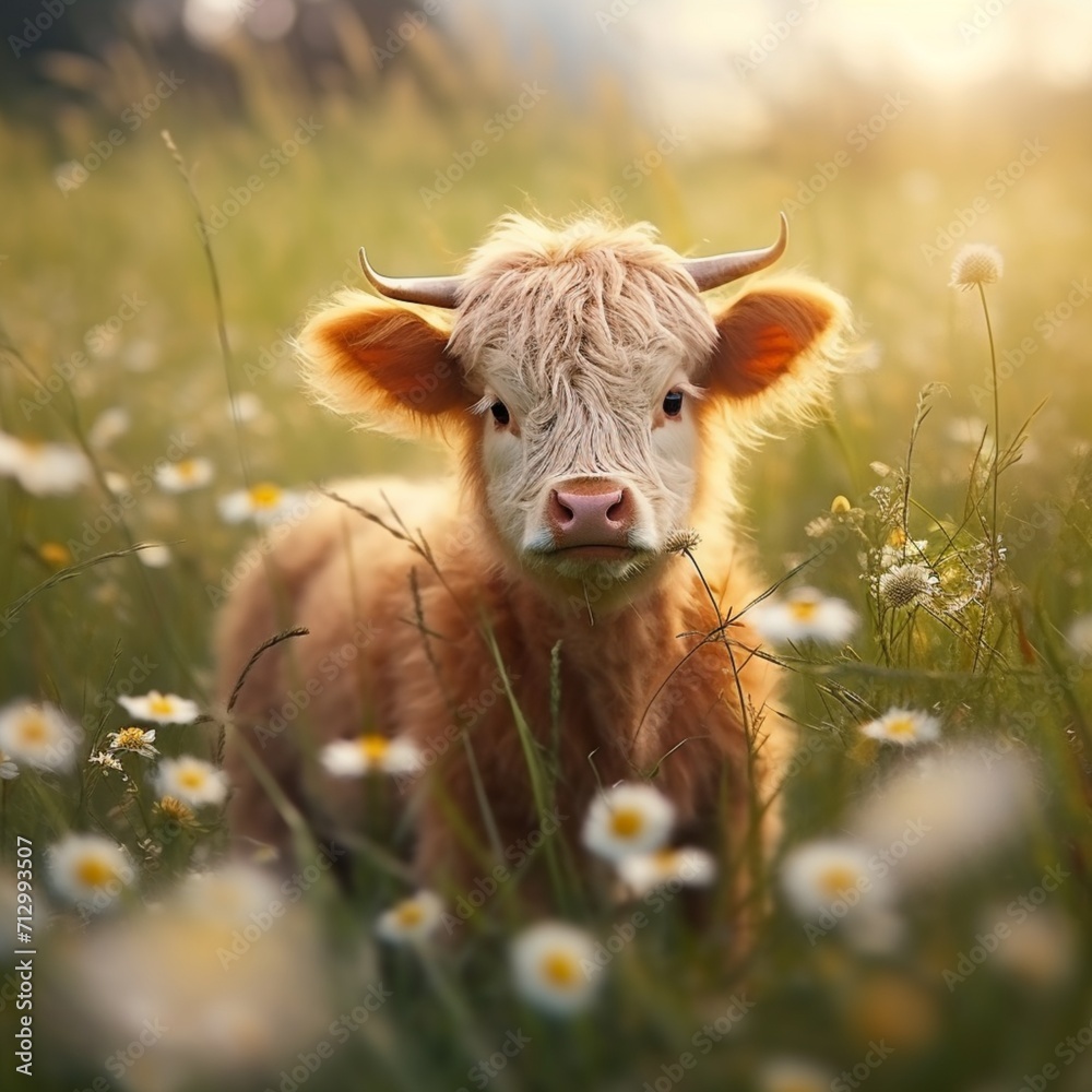 Baby mini cow highland cow field daisy AI Generated pictures