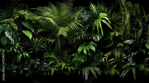 A rich, dark display of various tropical houseplants, showcasing a multitude of green shades and leaf textures.