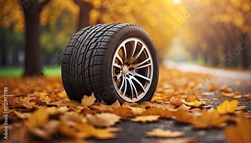 Tires on autumn a leaves road