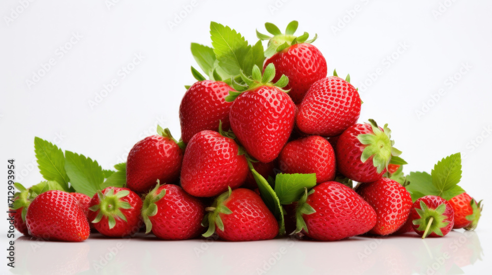 A fresh and vibrant pile of strawberries with green leaves isolated on a white background, perfect for healthy eating concepts. A fresh and vibrant pile of strawberries with green leaves isolated on a white background, perfect for healthy eating concepts.