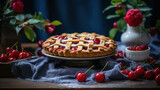 A delicious homemade cherry pie, baked to perfection and served with fresh cherries and vibrant roses on a rustic table setting.