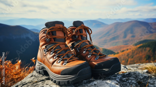 Sturdy hiking boots standing atop a rocky peak, ready for an adventure with a scenic view of autumn-colored mountains in the background.