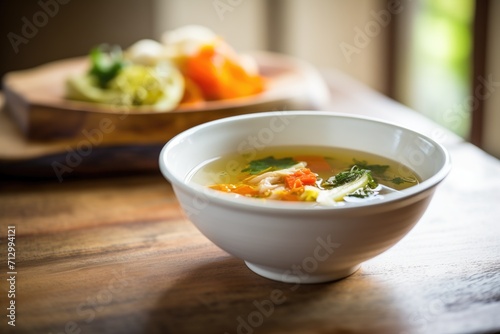 rustic bowl of vegetable soup on a wooden table