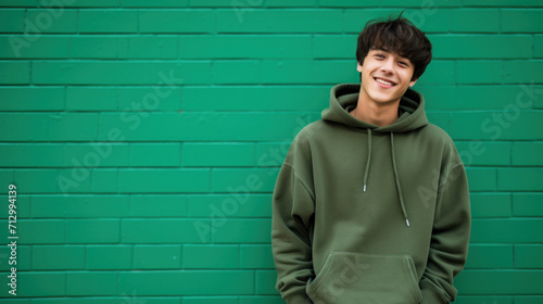 Cheerful young male with a casual green hoodie smiling broadly, standing before a vibrant green wall.