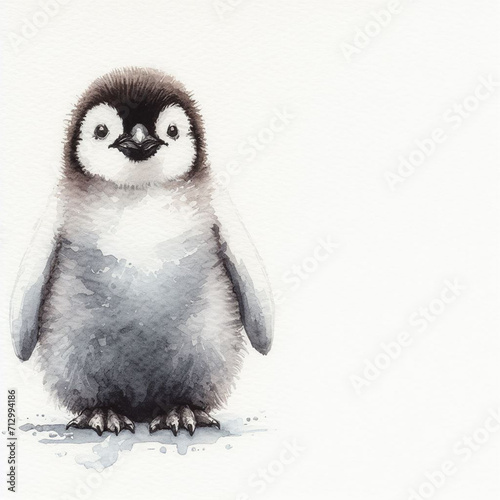 A baby penguin standing on a white background. The baby penguin is drawn with a lot of detail, and you can see its small beak, dark eyes, and soft feathers. The background is a simple white © art illustrations