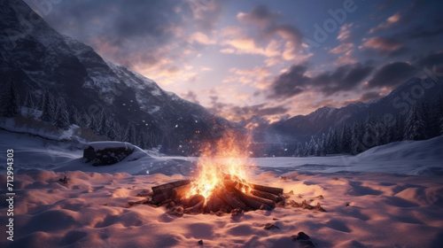 A cozy campfire burns brightly in a snow-covered landscape with a backdrop of majestic mountains during twilight.