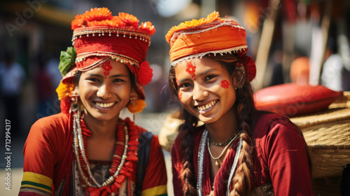 Two joyful Nepali women in colorful traditional attire with floral headpieces share a moment of laughter.