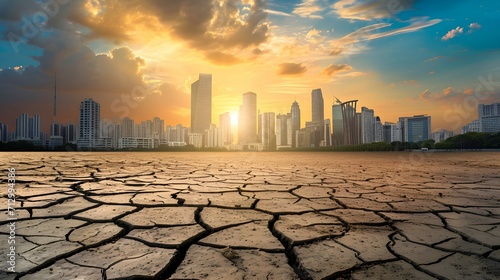 Landscape of cracked ground and city skyline. Global warming concept.