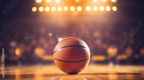 A basketball on a wooden court under spotlight illumination with cheering crowd in the background, capturing the exciting atmosphere of a game. © red_orange_stock