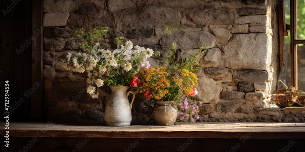 Antique interior decor with a wild flower bouquet in an old house, surrounded by stone and wooden walls, exuding an atmosphere of antiquity.