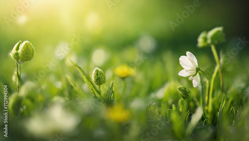 Fresh grass with dew drops, close up. Morning sunlight, spring concept 