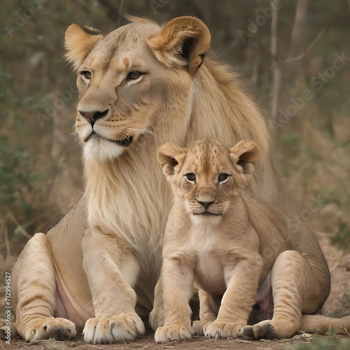 aftican lioness is cuddled by his cub.