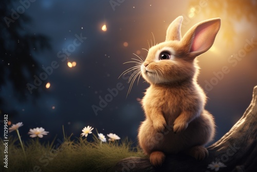 colorful background fireflies and rabbit on the grass