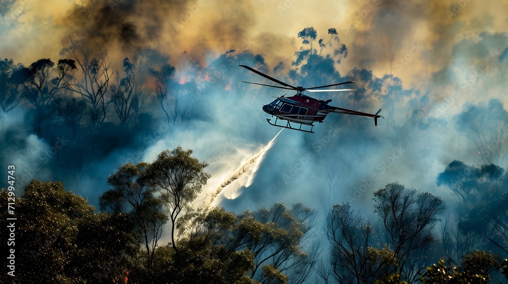 Naklejka premium helicopter douses bush fire. Global Warming concept.